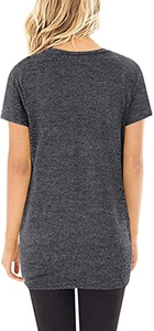 Rear view of women's round neck short sleeve t-shirt in heather charcoal grey fabric