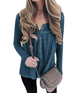 Close-up of deep teal waffle knit top featuring a buttoned henley neckline and soft texture