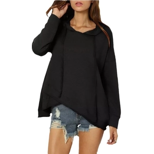 Women's black drawstring hoodie featuring dropped shoulders and asymmetrical hemline cut