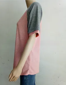 Side view detail of pink and grey color-block raglan short sleeve t-shirt for women