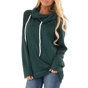 Women's forest green cowl neck hoodie with white drawstring and long sleeves for autumn