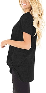 Close-up detail of the stylish front knot design on a casual black short-sleeve T-shirt