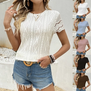 Maglietta Casual da Donna in Maglia Traforata Girocollo Jacquard Geometrico Manica Corta Top Boho Vacanze Estive