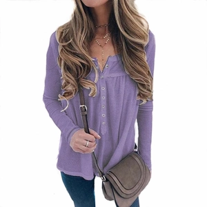 Casual purple waffle knit long sleeve henley shirt with buttons for women