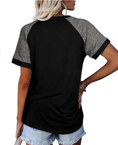 Back view of a women's raglan sleeve t-shirt with black body and grey marl sleeves