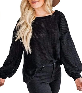 Detail view of black hollow-out knit sweater with breathable mesh texture and crew neck