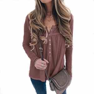 Women's waffle knit Henley shirt in dusty rose with long sleeves and button detail