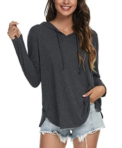 Detail of dark grey women's hooded long sleeve tee with drawstring and side slit hem