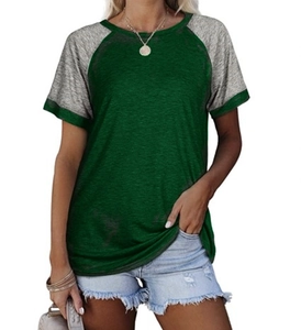 Detail of slim fit raglan t-shirt featuring green body and grey textured short sleeves