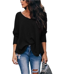 Close-up of the black V-neck long sleeve top showing the detailed waffle knit texture