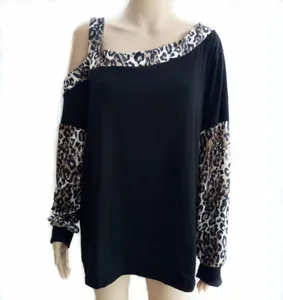 Detail of leopard print stitching on cuffs and neckline of women's off-shoulder black top
