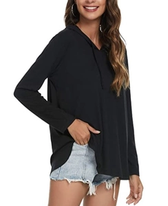 Detail of black hooded long sleeve top with drawstring and curved hem for women