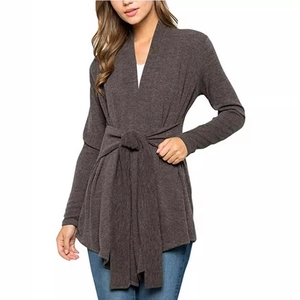 Gilet en maille gris foncé pour femme avec ceinture à nouer et manches longues col V