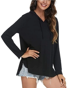 Detail showing the drawstring hood and curved split hem of this black casual hoodie