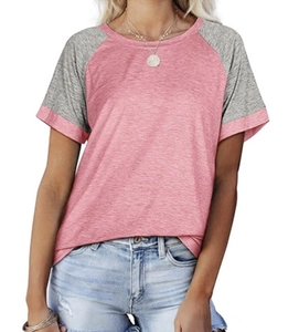 Detail of pink and grey raglan sleeve T-shirt with soft crew neck and casual texture