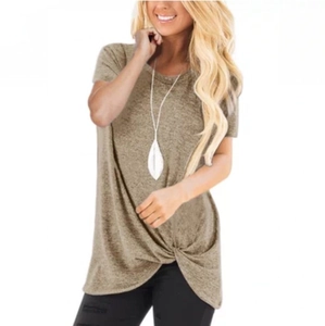 Women's crew neck short sleeve t-shirt in khaki with front knot detail and melange texture
