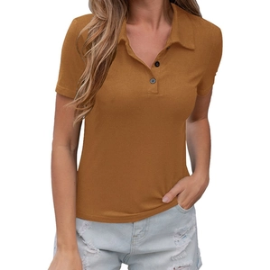 T-shirt polo femme ajusté marron en maille côtelée avec col classique boutonné