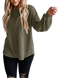 Detail of army green waffle knit texture on loose lantern sleeve casual top for women