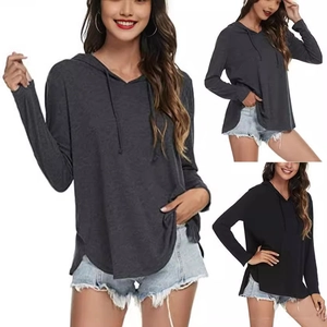 Women Casual Solid Color Long Sleeve Hoodie With Drawstring V-Neck Curved Hem Side Slit Pullover Sweatshirt Autumn Fashion
