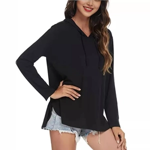 Women's casual black long sleeve hoodie with side slits and adjustable drawstring