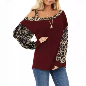 Women's burgundy off-shoulder long sleeve top with leopard print splice and loose fit