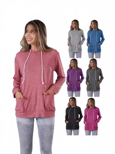 Felpa con Cappuccio Casual da Donna Tinta Unita Manica Lunga Pullover Con Coulisse Bianca Doppie Tasche Anteriori Top Leggero