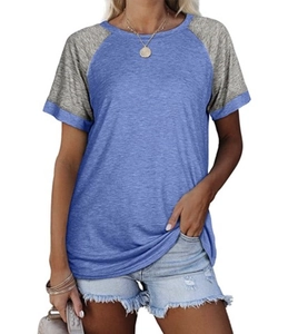 Detail of color block raglan short sleeve T-shirt in dusty blue and heather gray