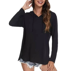 Women's black long sleeve hoodie with adjustable drawstring and side split hem