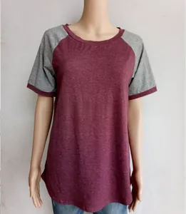 Detail of round neck raglan short sleeve T-shirt with burgundy and grey color block design