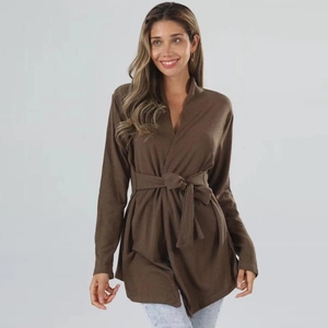 Detail of deep brown wrap cardigan featuring long sleeves and matching tie waist belt