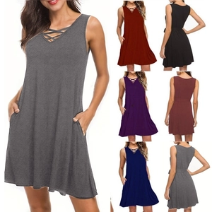 Robe Midi Sans Manches Col en V Croisé Pour Femme Avec Poches Ceinture de Taille Couleur Unie Décontractée Coupe en A Été