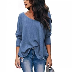 Women's loose V-neck waffle knit long sleeve top in blue grey for casual style