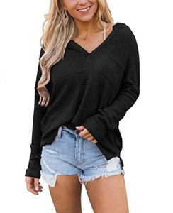Detail of waffle knit fabric texture and V-neckline on a loose black long-sleeve top