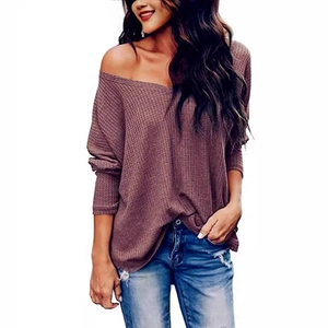 Women's V-neck waffle knit long sleeve top in dusty pink with a loose casual fit