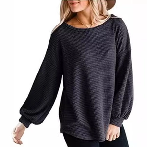 Women Waffle Knit Top Round Neck Lantern Sleeve Loose Casual Solid Color Long Sleeve T-Shirt Streetwear Fashion Clothing