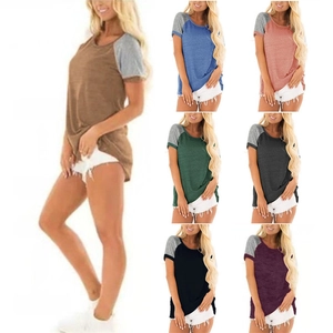 Women Casual Color Block Raglan Sleeve T-Shirt Crew Neck Short Sleeve Cotton Cupro Top Heathered Streetwear Tee