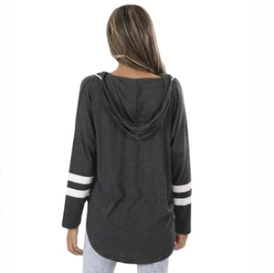 Back view of a dark grey long-sleeve hoodie featuring white stripes on the sleeves