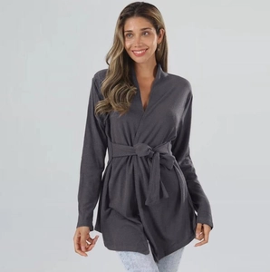 Detail of dark grey wrap cardigan showing long sleeves and adjustable waist tie