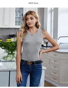 Close-up of gray ribbed knit sleeveless vest featuring a round neck and slim fit texture