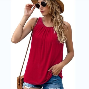 Bright red sleeveless top for women with pleated crew neck for casual summer wear