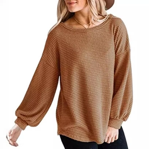 Women's casual lantern sleeve waffle knit top in camel brown with loose crewneck