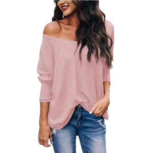 Women's V-neck long sleeve pink waffle knit top in loose casual fit style