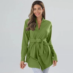 Detail of green long-sleeve cardigan featuring a deep V-neck and self-tie waist belt