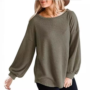 Women's olive green waffle knit pullover with casual round neck and lantern sleeves