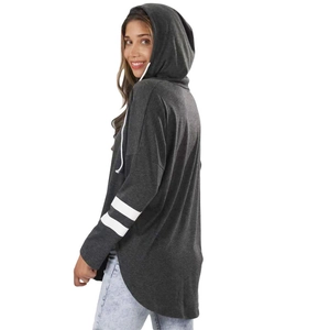 Side view of long-sleeve grey hoodie featuring white sleeve stripes and asymmetrical hem