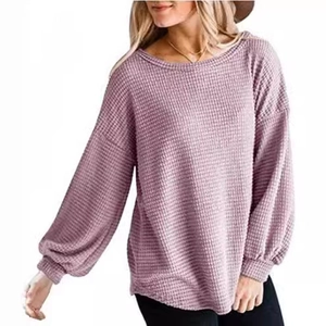 Relaxed fit mauve waffle knit long sleeve top with crew neck and lantern sleeves