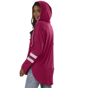 Women long sleeve rose red hoodie with white sleeve stripes and curved side slit hem