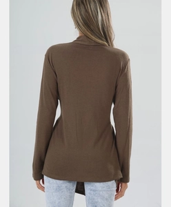 Detailed back view of a slim-fit dark brown knit cardigan top with long sleeves and high neck