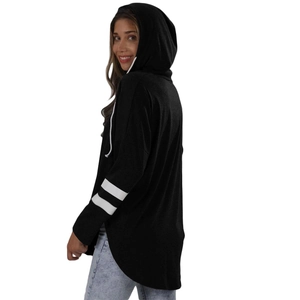Women's black long sleeve hooded sweatshirt with white arm stripes and side split hem