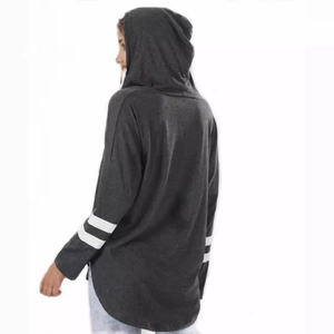 Charcoal grey hoodie with dropped shoulders and white sleeve stripes shown from back view